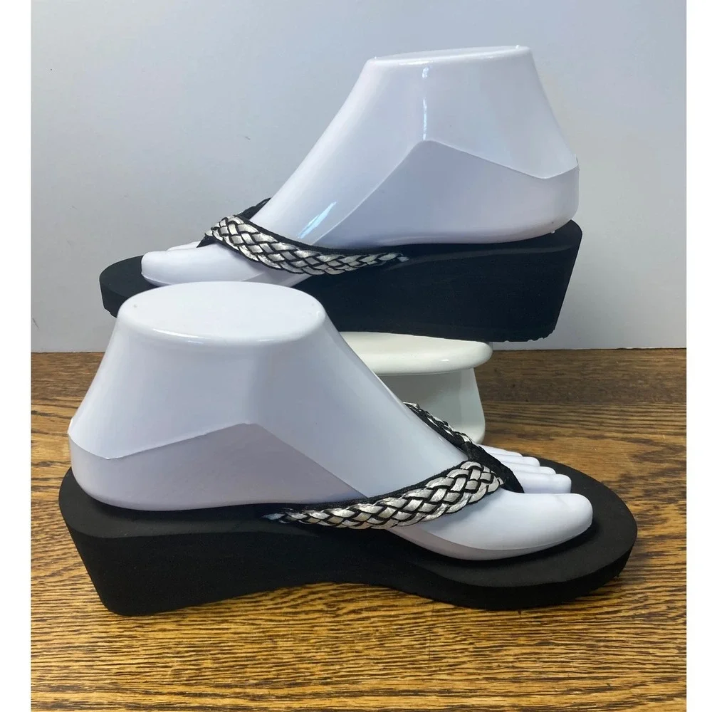Rowoo Womens Black Silver Braided Platform Wedge Flip Flops Sandals Size 7 38